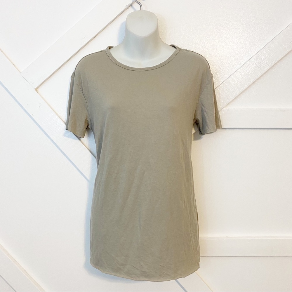 Zara Trafaluc Basic Short Sleeve Jersey Knit Distressed Raw Hem T-Shirt Beige S